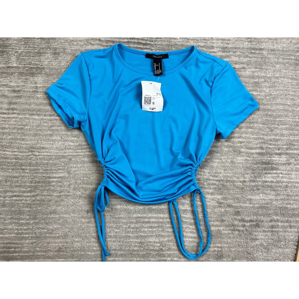 Forever 21 Knit Top Womens S Blue Oasis Ruched Side Cinch Cropped Short Sleeve